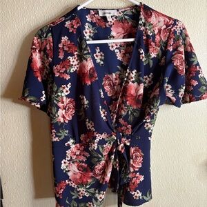 Floral Dark Blue Cross-Over Tie Top